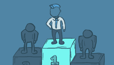 A cartoon rendering of a job applicant celebrating their success on top of a podium.