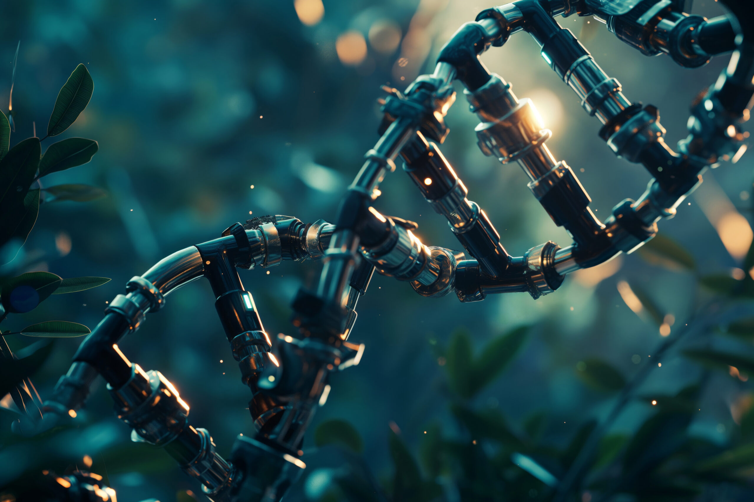 Conceptual image depicting dna strands intertwined with robotic parts. 