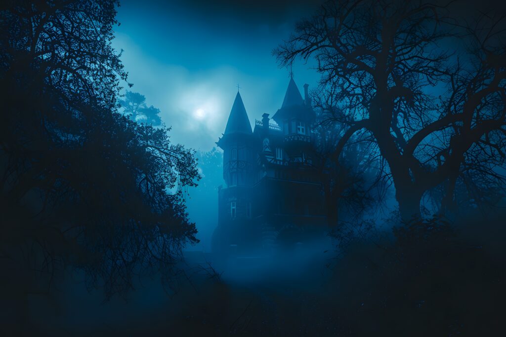 Haunted mansion with pointed towers in a foggy, moonlit forest, creating a spooky, eerie atmosphere.