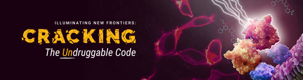 Overlay text of "Illuminating New Frontiers: Cracking the Undruggable Code." Background Image: Target engagement of RAF dimer inhibitor LXH254 at RAF kinases, in complex with KRAS (blue). RAF inhibitor LXH254 engages BRAF or CRAF protomers (orange), but spares ARAF (red). Unoccupied ARAF is competent trigger downstream mitogenic signaling (lightning bolts). Red cells in the background are fluorescently labeled RAS proteins, expressed in live cells.