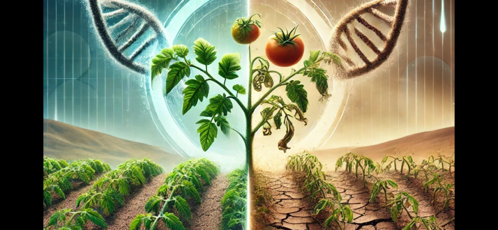 An illustration of a tomato plant divided between normal and drought conditions. This study looks at the role of PP2C in stress response.