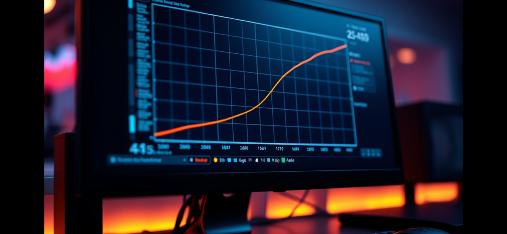 A modern computer monitor displays a data analytics graph with an upward-trending line in orange and red. The screen has a dark theme with a grid overlay and numerical values. The monitor is set on a desk with a keyboard and mouse, illuminated by warm ambient lighting in the background, creating a professional, high-tech atmosphere.